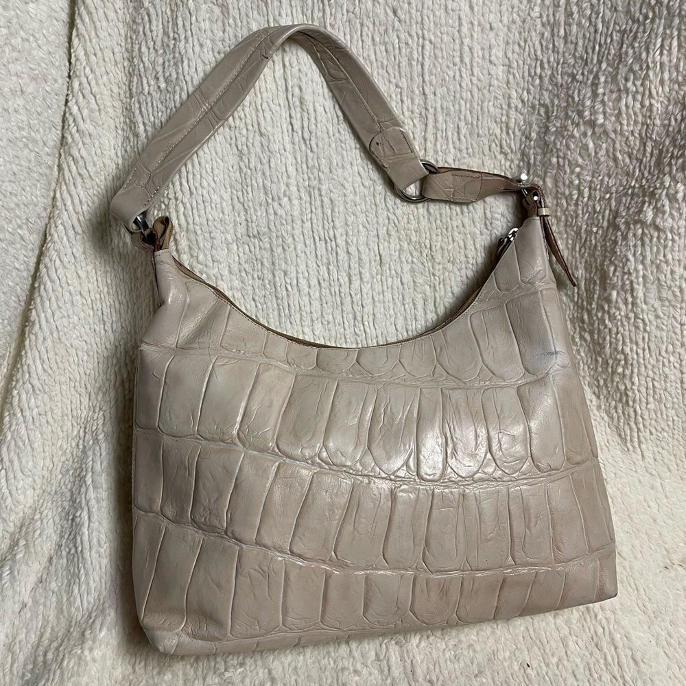 Francesco Biasia leather embossed beige shoulder bag silver tone hardwares .